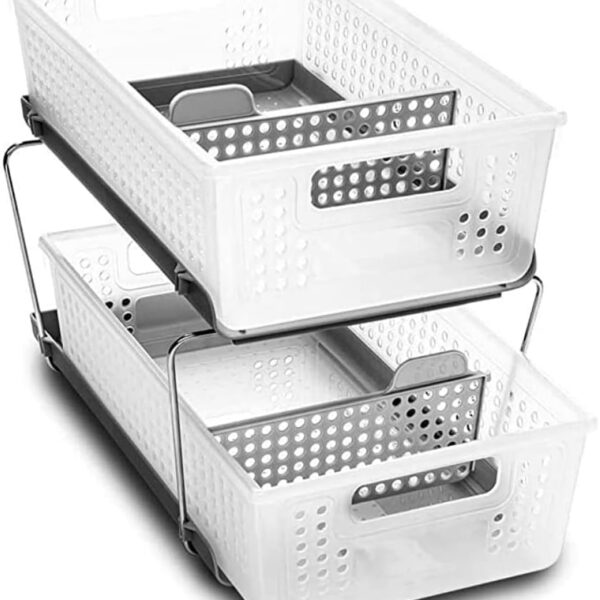 2-Tier Plastic Multipurpose Organizer with Divided Slide-Out Storage Bins